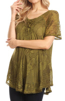 Sakkas Maliky Wide Corset Neck Floral Embroidered Cap Sleeve Blouse Top Shirt