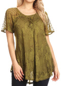 Sakkas Maliky Wide Corset Neck Floral Embroidered Cap Sleeve Blouse Top Shirt#color_ArmyGreen