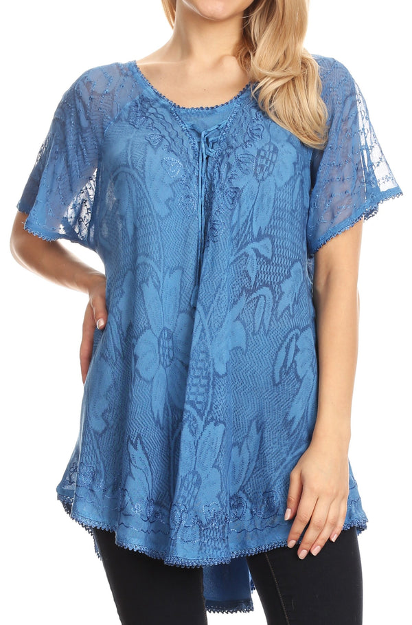 Sakkas Maliky Wide Corset Neck Floral Embroidered Cap Sleeve Blouse Top Shirt#color_Blue