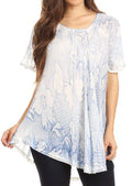 Sakkas Maliky Wide Corset Neck Floral Embroidered Cap Sleeve Blouse Top Shirt#color_Blue/White