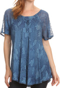 Sakkas Maliky Wide Corset Neck Floral Embroidered Cap Sleeve Blouse Top Shirt#color_DenimBlue