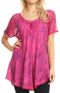 Sakkas Maliky Wide Corset Neck Floral Embroidered Cap Sleeve Blouse Top Shirt#color_Fuchsia