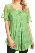 Sakkas Maliky Wide Corset Neck Floral Embroidered Cap Sleeve Blouse Top Shirt#color_Green