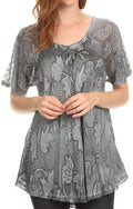Sakkas Maliky Wide Corset Neck Floral Embroidered Cap Sleeve Blouse Top Shirt#color_Grey