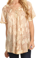 Sakkas Maliky Wide Corset Neck Floral Embroidered Cap Sleeve Blouse Top Shirt#color_LightBrown
