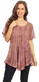 Sakkas Maliky Wide Corset Neck Floral Embroidered Cap Sleeve Blouse Top Shirt