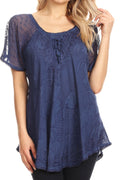 Sakkas Maliky Wide Corset Neck Floral Embroidered Cap Sleeve Blouse Top Shirt#color_Navy