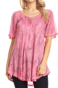Sakkas Maliky Wide Corset Neck Floral Embroidered Cap Sleeve Blouse Top Shirt#color_Pink