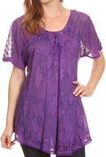 Sakkas Maliky Wide Corset Neck Floral Embroidered Cap Sleeve Blouse Top Shirt#color_Purple