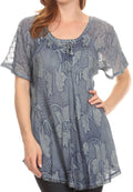 Sakkas Maliky Wide Corset Neck Floral Embroidered Cap Sleeve Blouse Top Shirt#color_SteelBlue