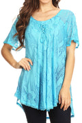 Sakkas Maliky Wide Corset Neck Floral Embroidered Cap Sleeve Blouse Top Shirt#color_Turquoise