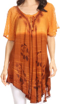 Sakkas Reya Lace Embroidered Cap Sleeve Corset Tie Dye Blouse Top Shirt#color_Brown