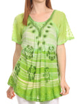 Sakkas Reya Lace Embroidered Cap Sleeve Corset Tie Dye Blouse Top Shirt#color_Green