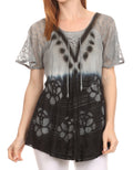 Sakkas Reya Lace Embroidered Cap Sleeve Corset Tie Dye Blouse Top Shirt#color_Grey