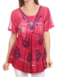 Sakkas Reya Lace Embroidered Cap Sleeve Corset Tie Dye Blouse Top Shirt#color_Pink