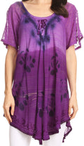 Sakkas Reya Lace Embroidered Cap Sleeve Corset Tie Dye Blouse Top Shirt#color_Purple