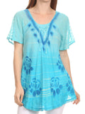 Sakkas Reya Lace Embroidered Cap Sleeve Corset Tie Dye Blouse Top Shirt#color_Turquoise