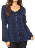 Sakkas Salma Womens Button Down Long Sleeve Blouse Top Shirt Stonewashed and Lace#color_Blue