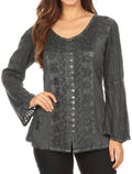 Sakkas Salma Womens Button Down Long Sleeve Blouse Top Shirt Stonewashed and Lace#color_Charcoal