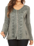 Sakkas Salma Womens Button Down Long Sleeve Blouse Top Shirt Stonewashed and Lace#color_Grey