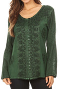 Sakkas Salma Womens Button Down Long Sleeve Blouse Top Shirt Stonewashed and Lace#color_Green