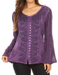 Sakkas Salma Womens Button Down Long Sleeve Blouse Top Shirt Stonewashed and Lace#color_Purple