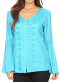 Sakkas Salma Womens Button Down Long Sleeve Blouse Top Shirt Stonewashed and Lace#color_Turquoise