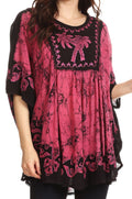 Sakkas Lynda Two Tone Batik Embroidered Palm Tree Peasant Top / Poncho#color_Black / Pink 