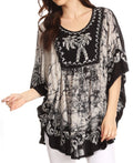 Sakkas Lynda Two Tone Batik Embroidered Palm Tree Peasant Top / Poncho#color_Black / White 