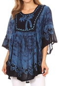 Sakkas Lynda Two Tone Batik Embroidered Palm Tree Peasant Top / Poncho#color_Blue 