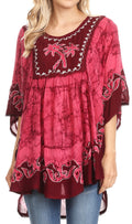 Sakkas Lynda Two Tone Batik Embroidered Palm Tree Peasant Top / Poncho#color_Burgandy 