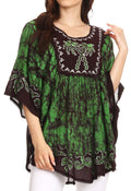 Sakkas Lynda Two Tone Batik Embroidered Palm Tree Peasant Top / Poncho#color_Chocolate / Green 