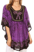 Sakkas Lynda Two Tone Batik Embroidered Palm Tree Peasant Top / Poncho#color_Eggplant 