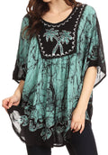 Sakkas Lynda Two Tone Batik Embroidered Palm Tree Peasant Top / Poncho#color_Mint 