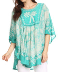 Sakkas Lynda Two Tone Batik Embroidered Palm Tree Peasant Top / Poncho#color_Mint / White 