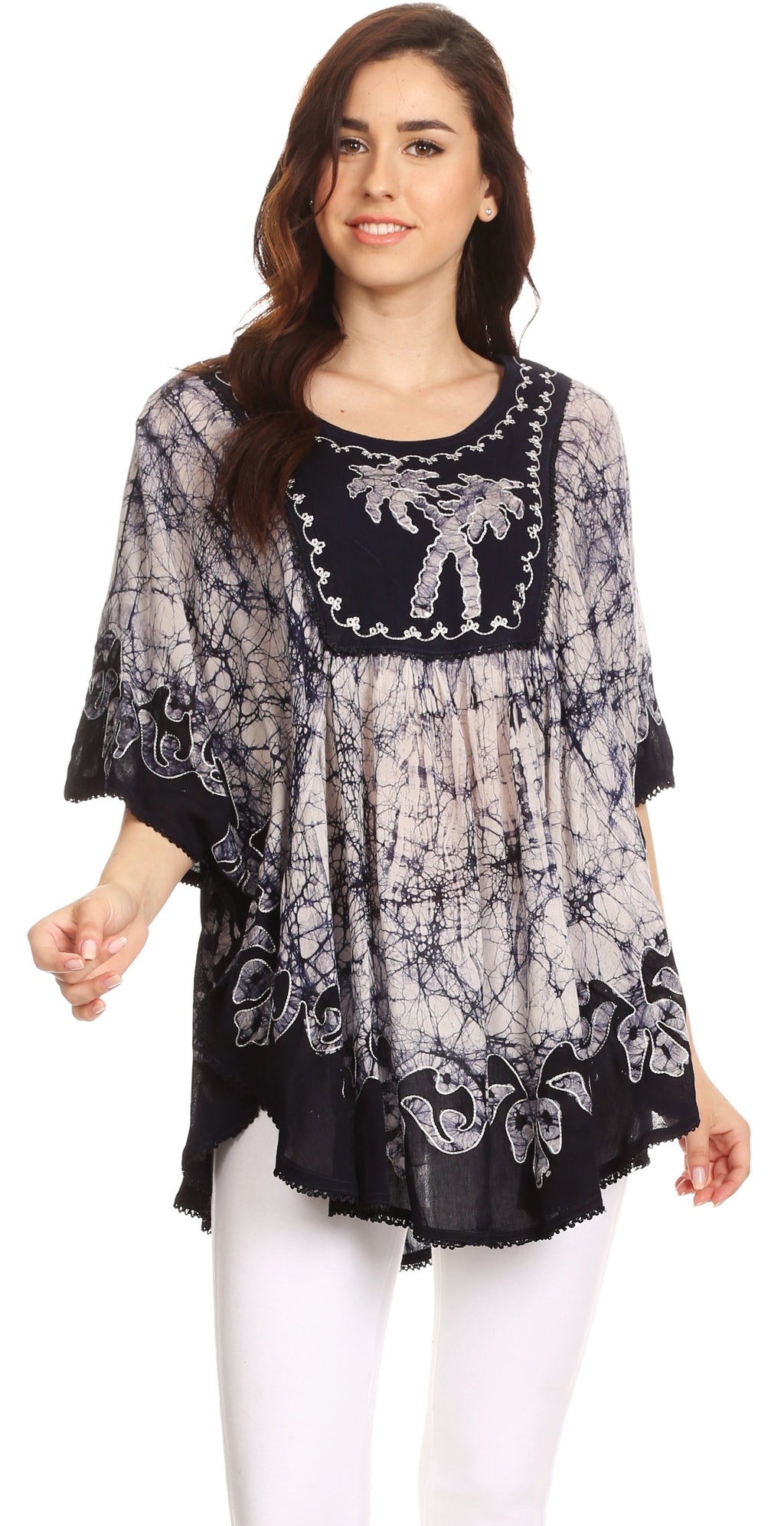 Sakkas Lynda Two Tone Batik Embroidered Palm Tree Peasant Top / Poncho