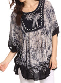 Sakkas Lynda Two Tone Batik Embroidered Palm Tree Peasant Top / Poncho#color_Navy / White 