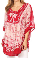 Sakkas Lynda Two Tone Batik Embroidered Palm Tree Peasant Top / Poncho#color_Red 