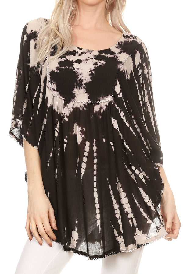 Sakkas Sunia Tie Dye Caftan Sleeve Blouse | Cover Up#color_Black