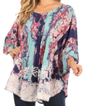 Sakkas Vanya Floral and Palm Tree Batik Circle Top with Sequins and Embroidery#color_Purple 