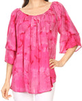 Sakkas Flora Watercolor Tie Dye Double Bell Sleeve Raglan Blouse#color_Fuschia