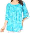 Sakkas Flora Watercolor Tie Dye Double Bell Sleeve Raglan Blouse#color_Turquoise