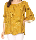 Sakkas Flora Watercolor Tie Dye Double Bell Sleeve Raglan Blouse#color_Mustard