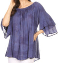 Sakkas Flora Watercolor Tie Dye Double Bell Sleeve Raglan Blouse#color_RoyalBlue