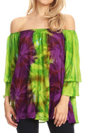 Sakkas Alania Watercolor Tie Dye Double Bell Sleeve Raglan Blouse#color_Green/Purple