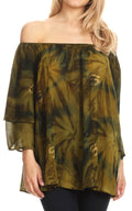 Sakkas Alania Watercolor Tie Dye Double Bell Sleeve Raglan Blouse#color_Olive/Beige