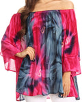Sakkas Alania Watercolor Tie Dye Double Bell Sleeve Raglan Blouse#color_Pink/Navy