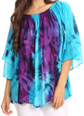 Sakkas Alania Watercolor Tie Dye Double Bell Sleeve Raglan Blouse#color_Turquoise/Purple