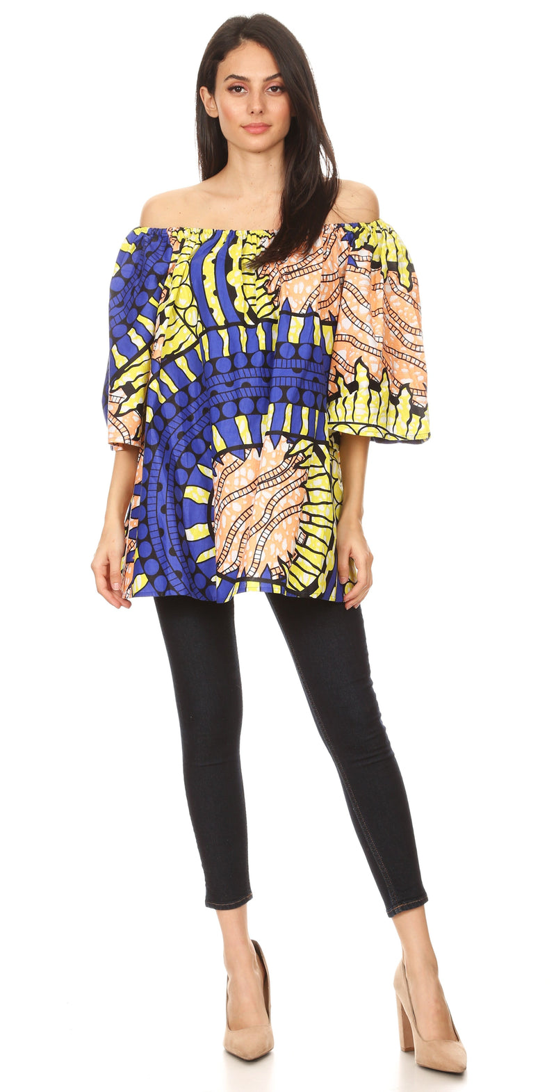 Sakkas Soledad Women's Off Shoulder Short Sleeve Loose Top Blouse African Print