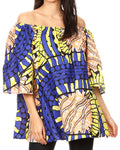 Sakkas Soledad Women's Off Shoulder Short Sleeve Loose Top Blouse African Print#color_13-YellowRoyalPeach
